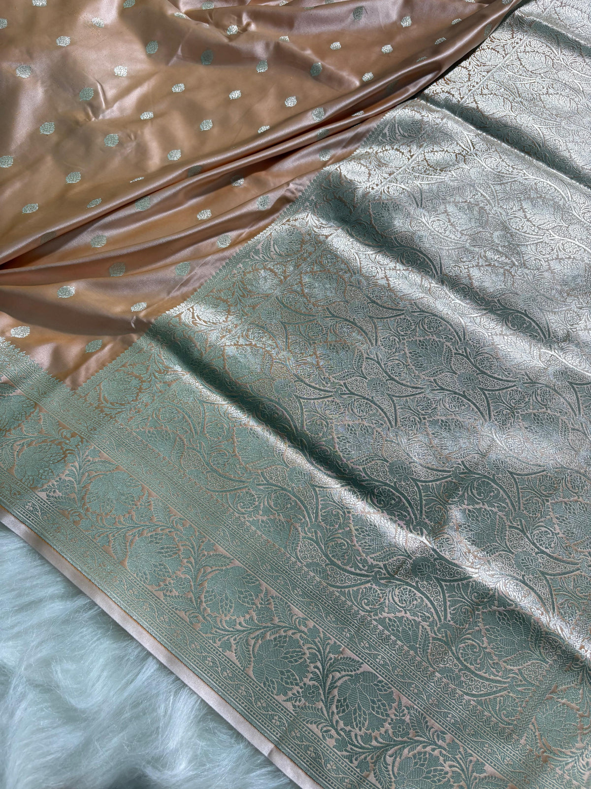 Caramel Beige Booti Satin Katan Silk Saree