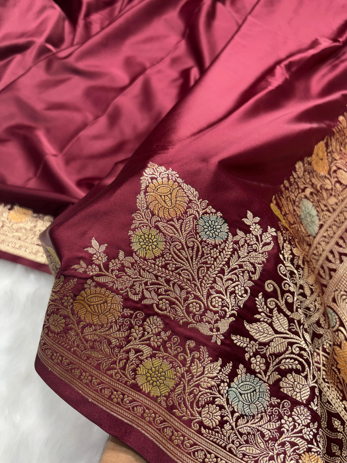 Maroon Minakari Shades Plain Mashru Silk Saree