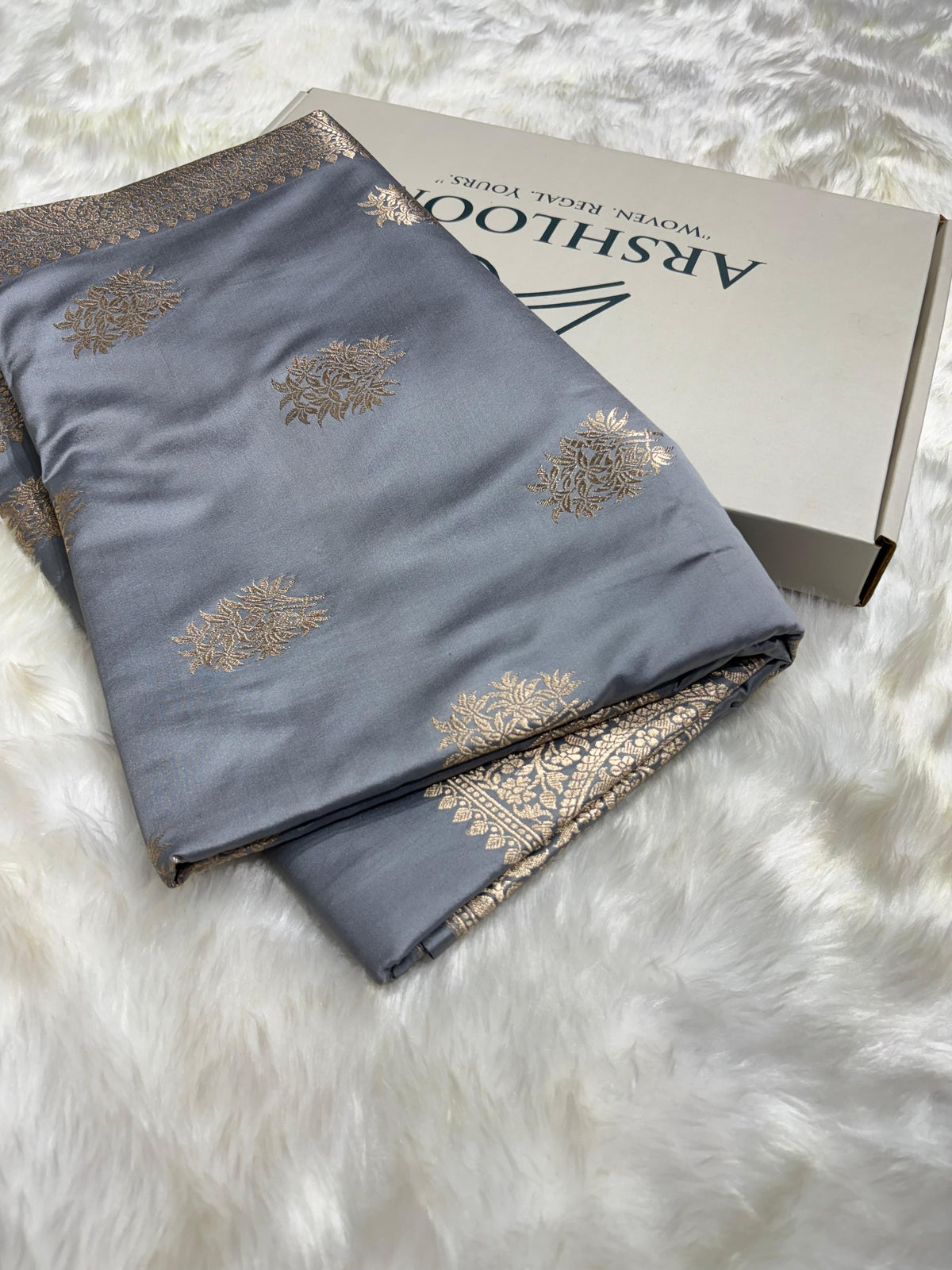 Banarasi Smoke Grey Premium Motifs Floral Mashru Silk Saree