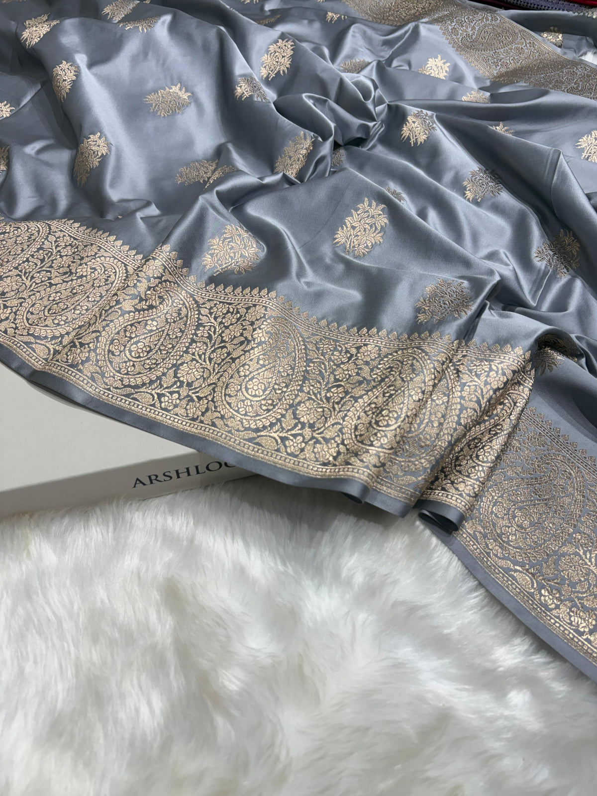 Banarasi Smoke Grey Premium Motifs Floral Mashru Silk Saree