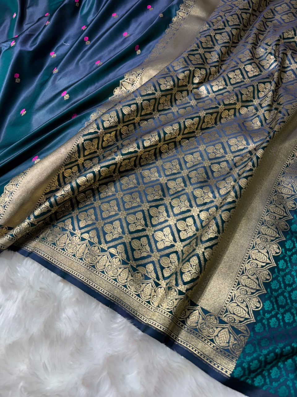 Peacock Blue Shades Booti Pattern Mashru Silk Saree