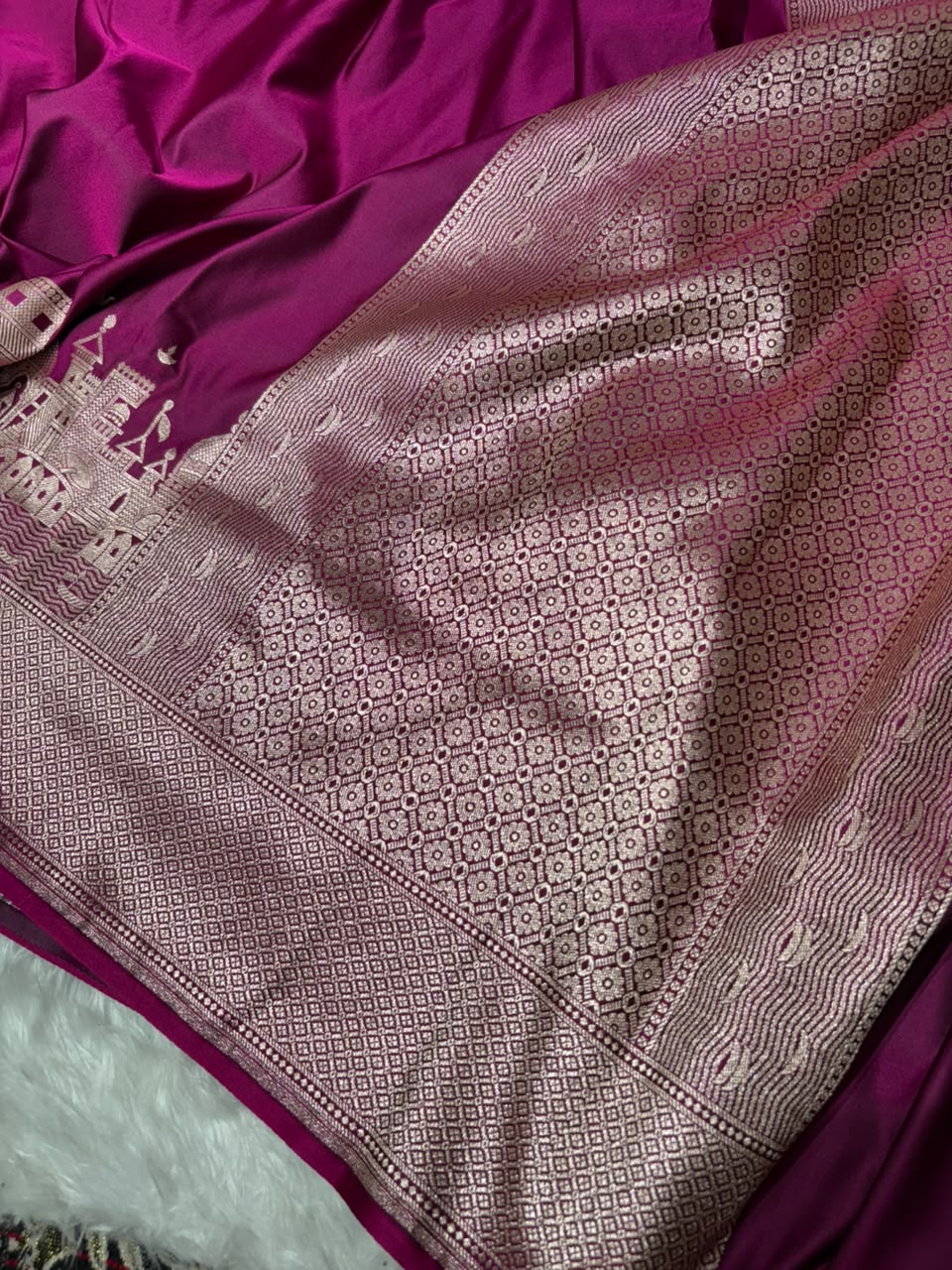 Banarasi Ghat Pattern Purple Satin Katan Silk Saree