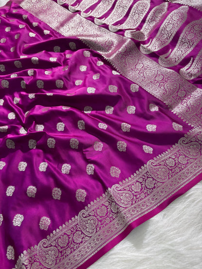 Magenta Pink Boota Satin Katan Silk Saree