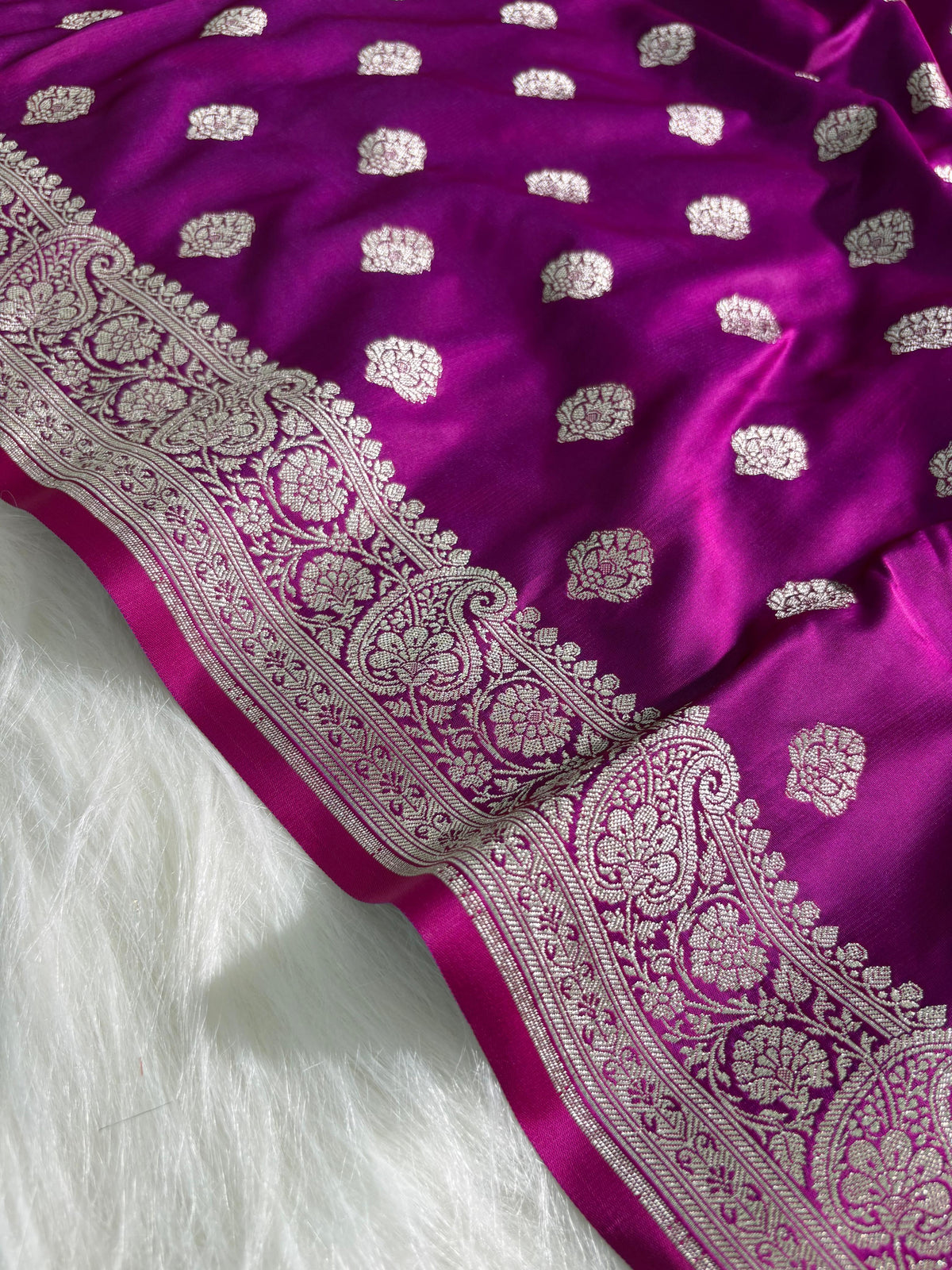 Magenta Pink Boota Satin Katan Silk Saree