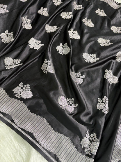 Floral Boota Scallop Black Mashru Silk Saree