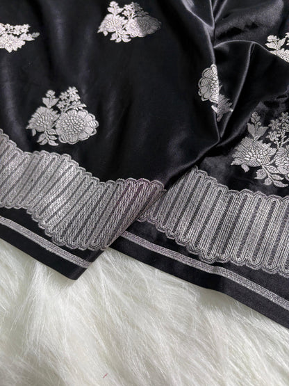 Floral Boota Scallop Black Mashru Silk Saree