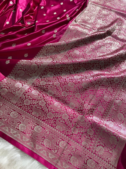 Fuchsia Pink Booti Pattern Satin Katan Silk Saree