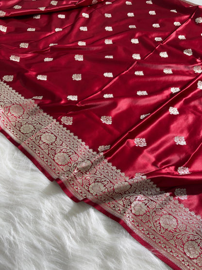 Maroon Floral Booti Satin Katan Silk Saree
