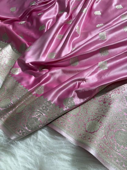Baby Pink Shades Booti Pattern Satin Katan Silk Saree