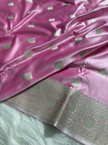 Baby Pink Shades Booti Pattern Satin Katan Silk Saree