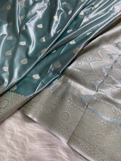Sea-green Floral Booti Satin Katan Silk Saree