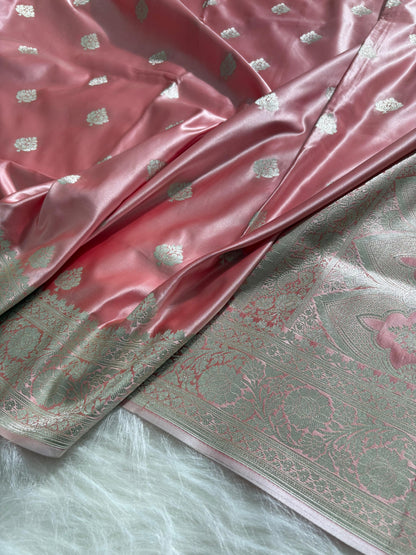 Rose-Gold Floral Booti Satin Katan Silk Saree