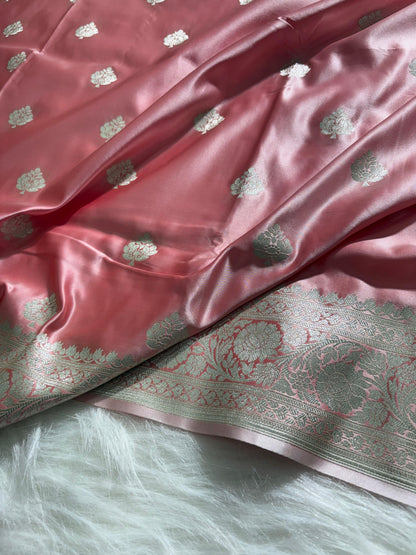 Rose-Gold Floral Booti Satin Katan Silk Saree