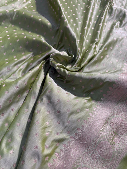 Olive Green Boota Pattern Satin Katan Silk Saree