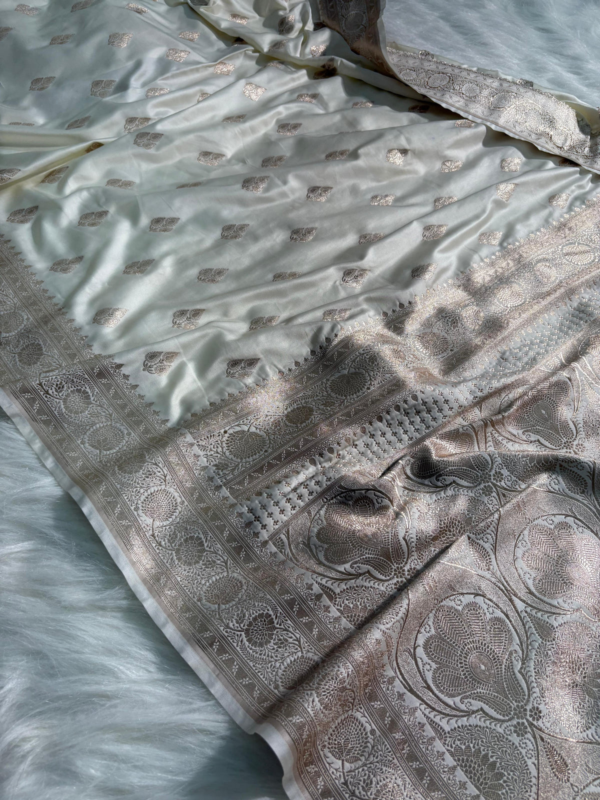 Ivory Cream Boota Pattern Satin Katan Silk Saree