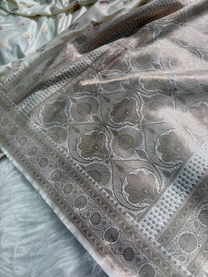 Ivory Cream Boota Pattern Satin Katan Silk Saree