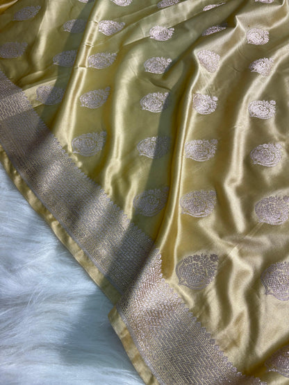 Lemon Mist Boota Pattern Satin Katan Silk Saree
