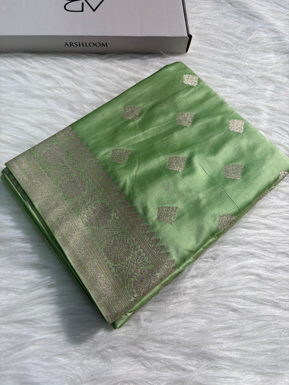 Olive Green Boota Pattern Satin Katan Silk Saree