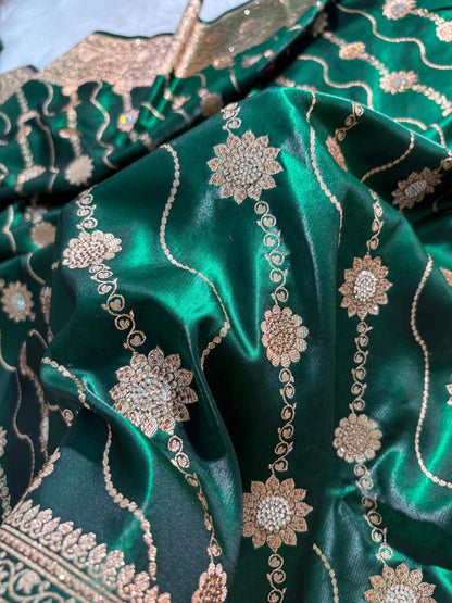 Bottle Green Satin Silk Cross Floral with Swarovski Work