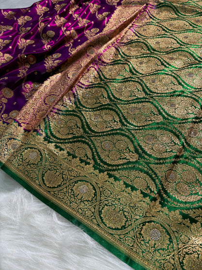 Bridal Purple - Green Banarasi Cross with Booti and Swarovski work Satin Silk Saree
