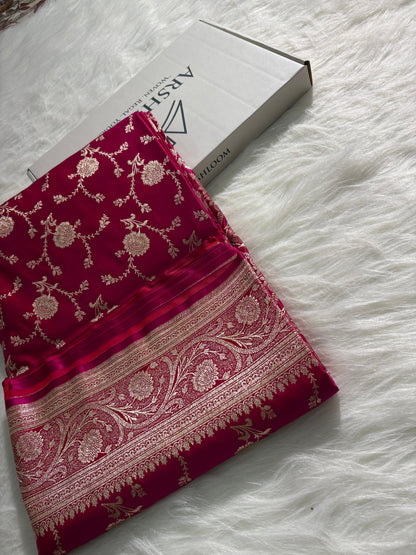 Rani - Pink Floral Jaal Pattern Satin Katan Silk Saree