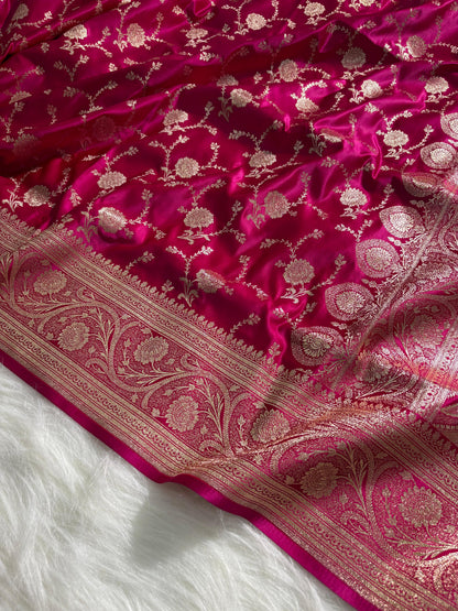 Rani - Pink Floral Jaal Pattern Satin Katan Silk Saree