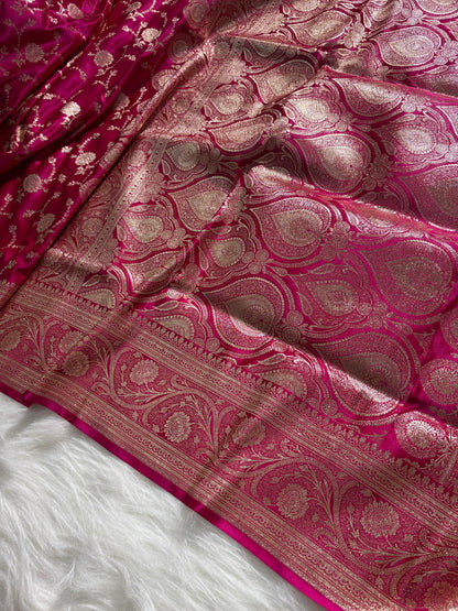 Rani - Pink Floral Jaal Pattern Satin Katan Silk Saree
