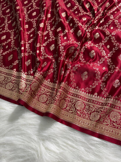 Maroon Shades Jaal Satin Silk Saree Banarasi Saree Shades