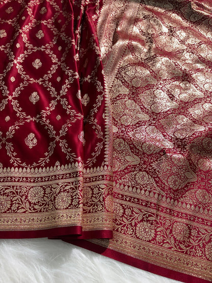 Maroon Shades Jaal Satin Silk Saree Banarasi Saree Shades