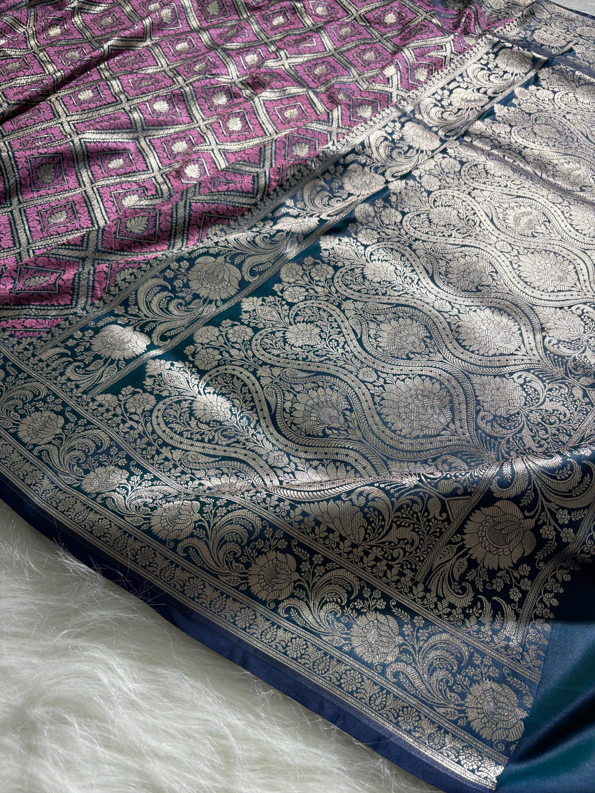 Purple - Navy Blue Mashru Silk in Geometric Jaal Motifs