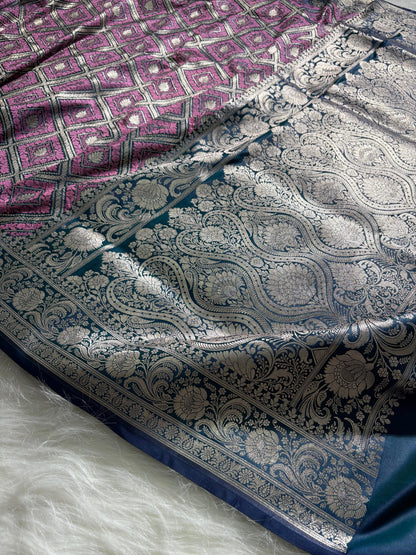 Purple - Navy Blue Mashru Silk in Geometric Jaal Motifs