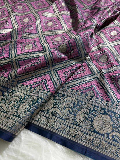 Purple - Navy Blue Mashru Silk in Geometric Jaal Motifs