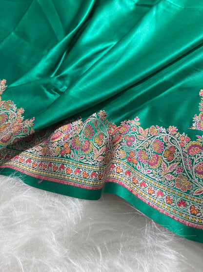 Emerald Green Plain Satin Katan with Minakari border pallu
