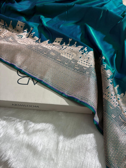 Banarasi Ghat Pattern Teal Blue Satin Katan Silk Saree