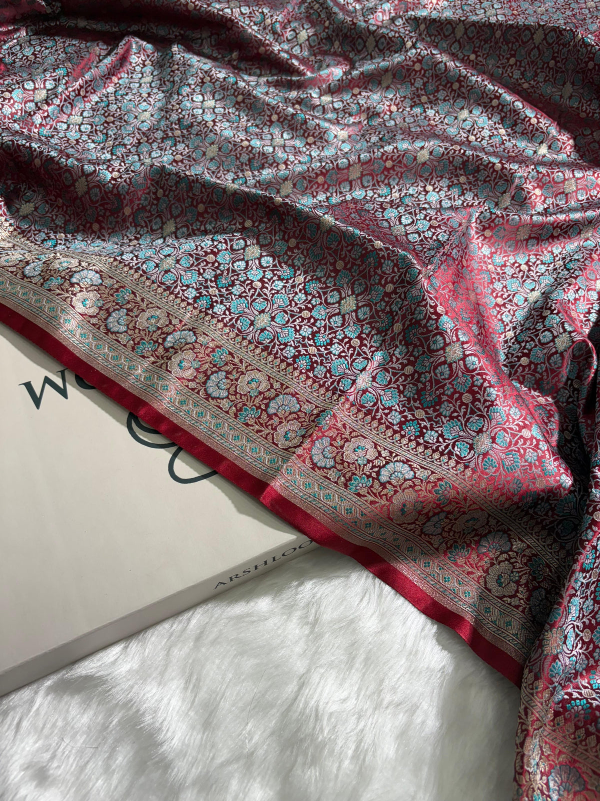 Wine - Teal Jamawar Tanchoi Katan Silk Saree