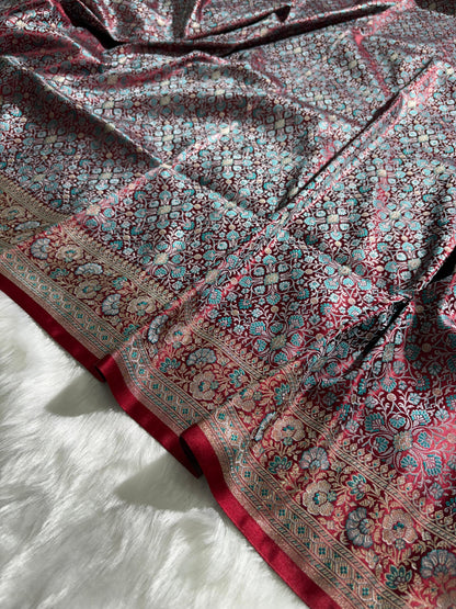 Wine - Teal Jamawar Tanchoi Katan Silk Saree
