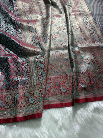 Wine - Teal Jamawar Tanchoi Katan Silk Saree