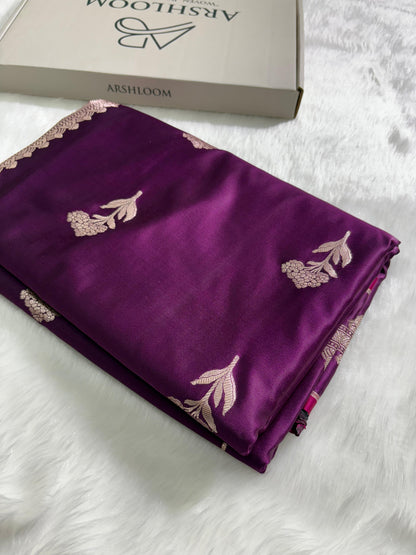 Premium Wine Banarasi Floral Motifs Katan Silk Saree