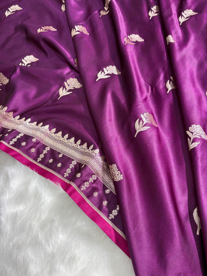 Premium Wine Banarasi Floral Motifs Katan Silk Saree