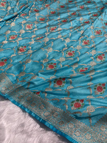 Firozi Minakari Banarasi Jaal Pattern Mashru Silk Saree
