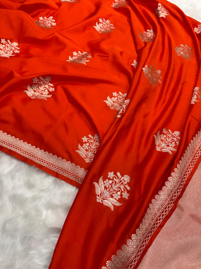 Orange Shades Banarasi Floral Boota Pattern Mashru Silk Saree