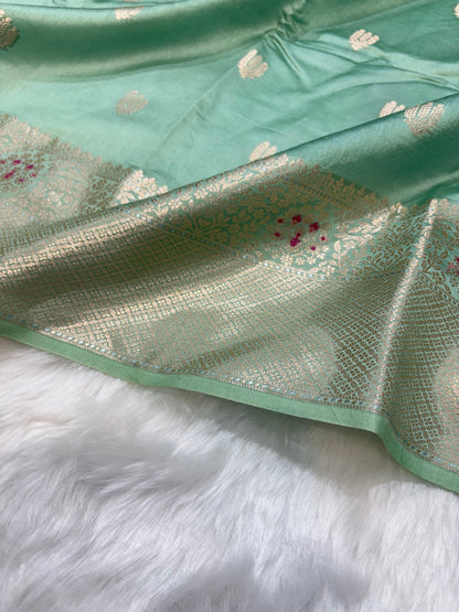 Sage Mint Shade Minakari Pure Caramel Silk Saree