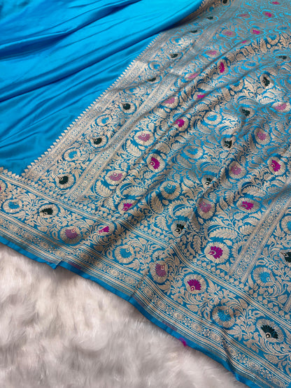Turquoise Blue Plain Pattern with Minakari Border Mashru Silk Saree