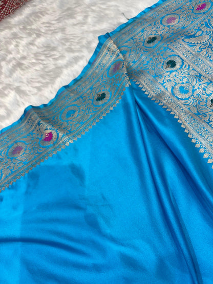 Turquoise Blue Plain Pattern with Minakari Border Mashru Silk Saree
