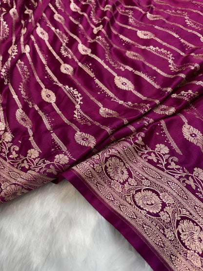 Magenta Shades Floral Jaal with Vertical Stripe Motifs Pattern Mashru Silk Saree
