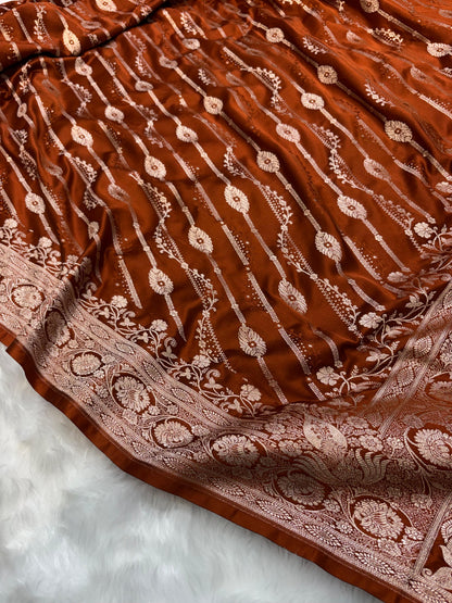 Burnt Copper Shades Floral Jaal with Vertical Stripe Motifs Pattern Mashru Silk Saree
