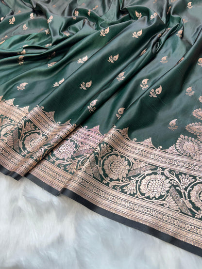 Banarasi Satin Katan Silk Booti in Bottle Green Shades