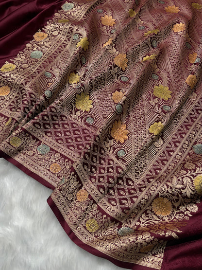 Maroon Minakari Shades Plain Mashru Silk Saree
