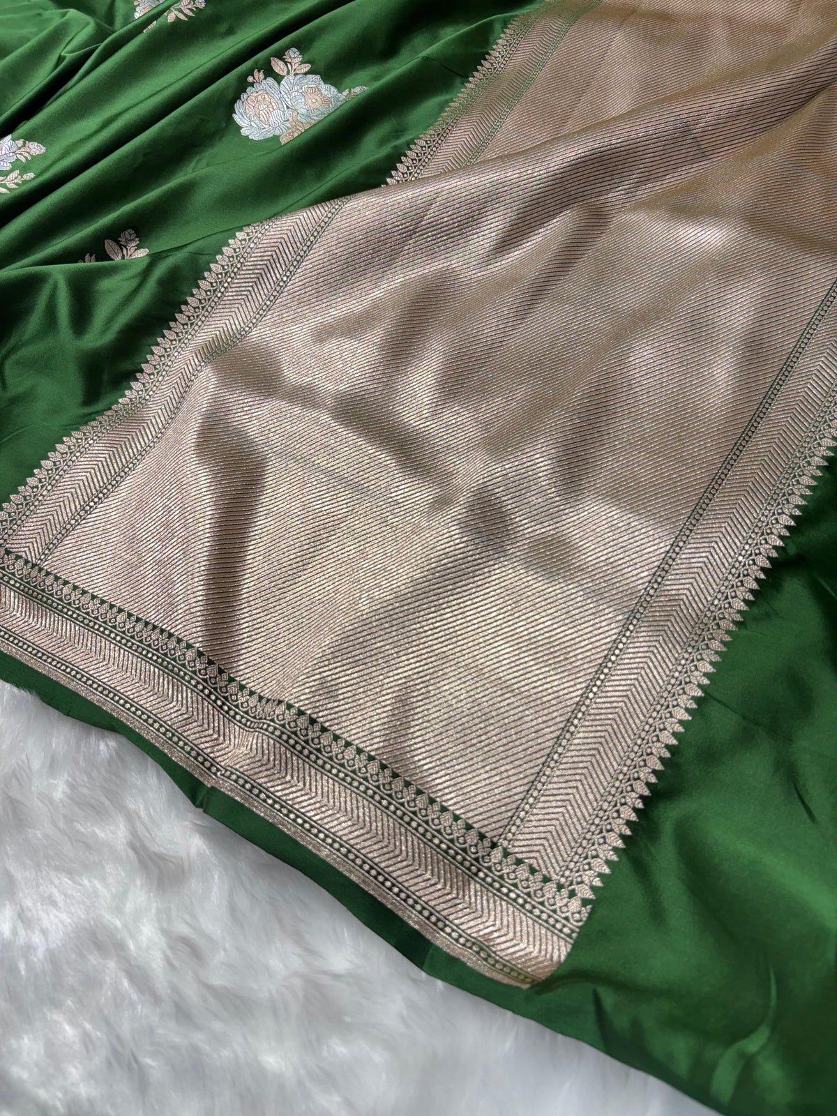 Bottle Green Shades Floral Boota Mashru Silk Saree