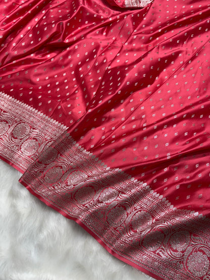 Premium Banarasi Mashru Silk Saree Booti in Ruby Pink Shade